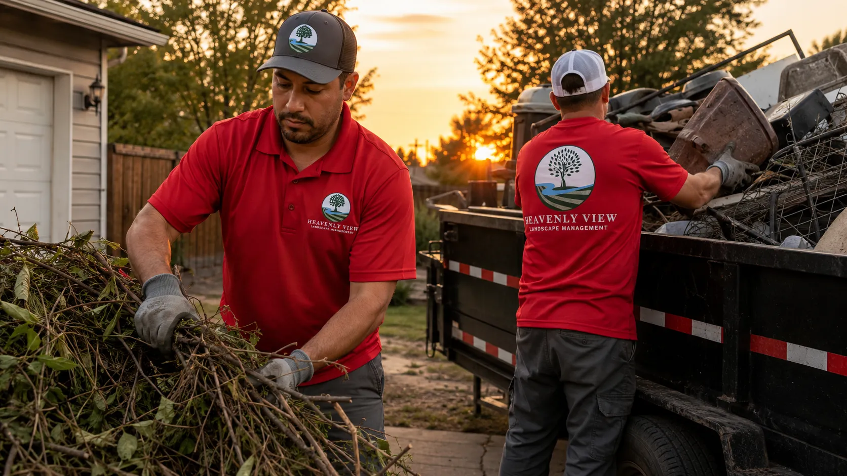 Backyard cleanup at sunset with wheelbarrow and bagged green waste