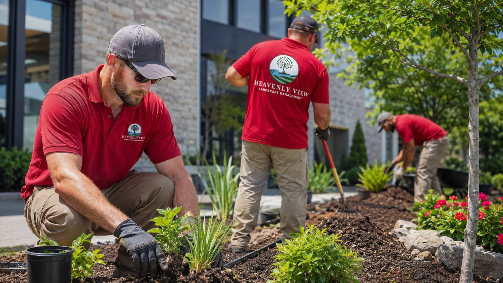 Heavenly View crew installing plantings at a commercial stone building
