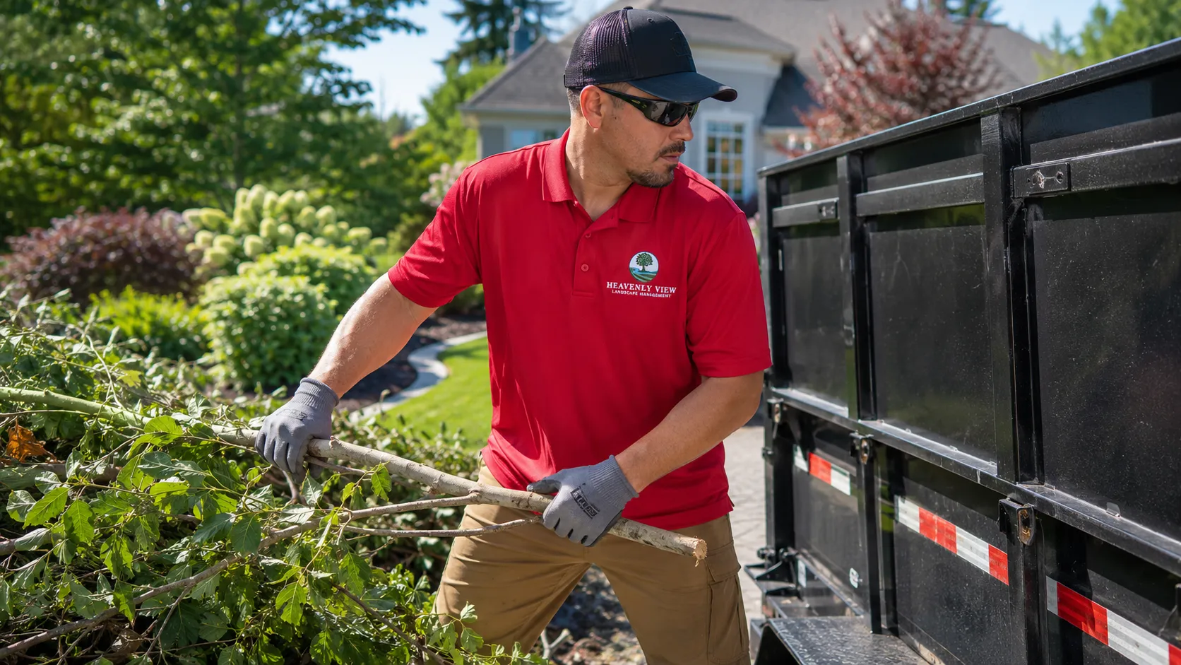Two crew members shaping hedges and edging beds at a residential property