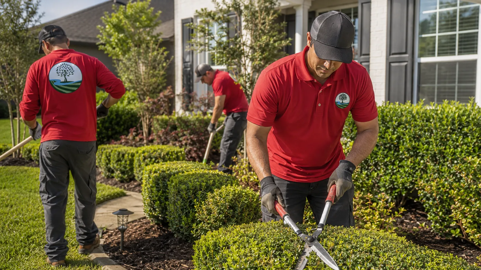 Three uniformed crew members maintaining hedges at an upscale property
