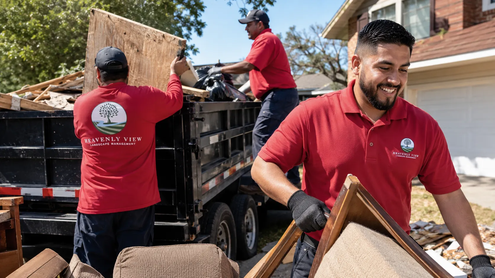 The Heavenly View crew loading out a property, one member smiling toward the camera