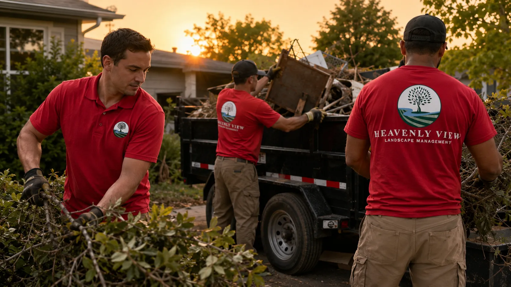 Two crew members clearing scrap metal into the trailer at the end of the day