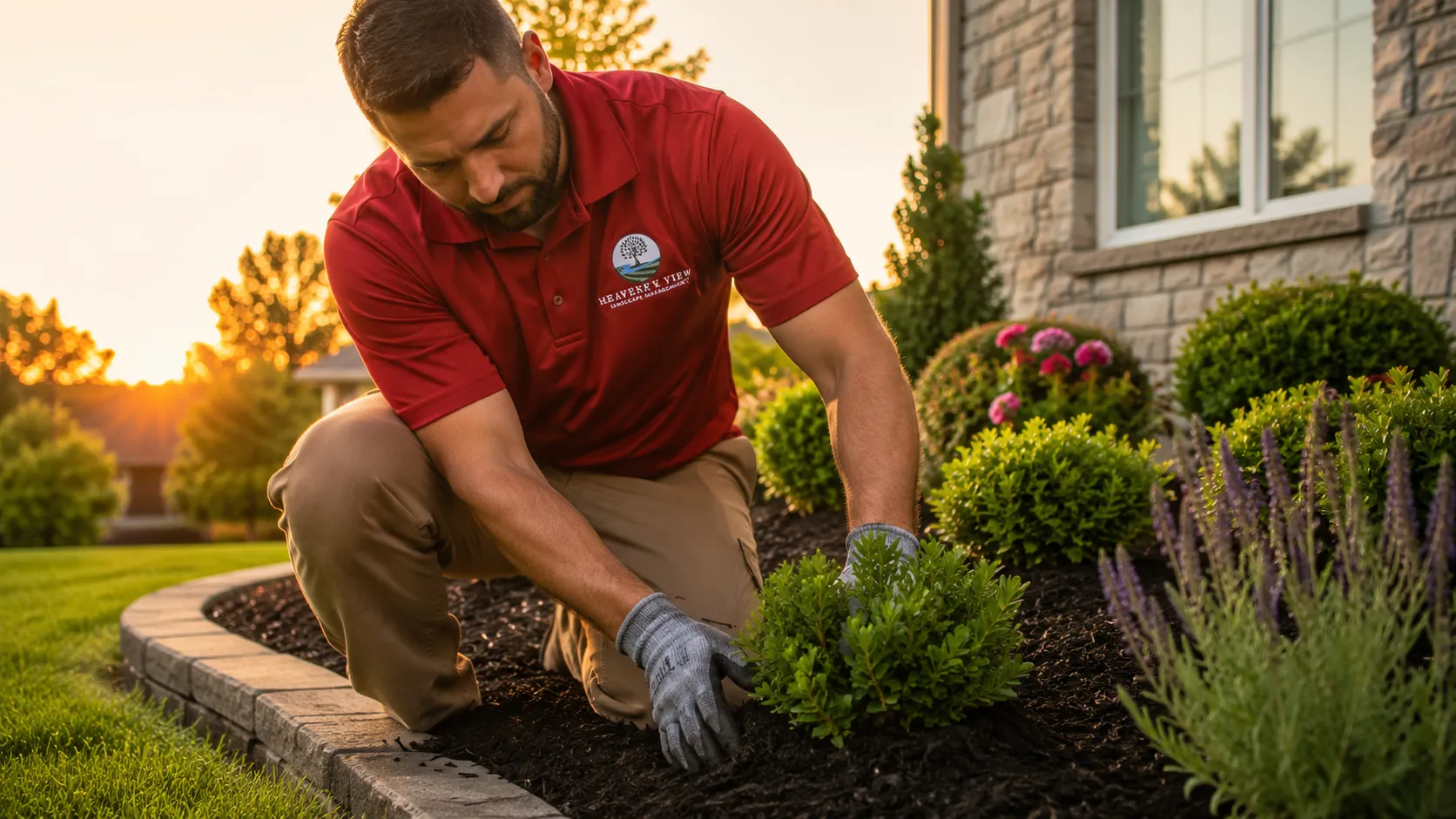 Crew member planting a shrub into a fresh mulch bed at golden hour