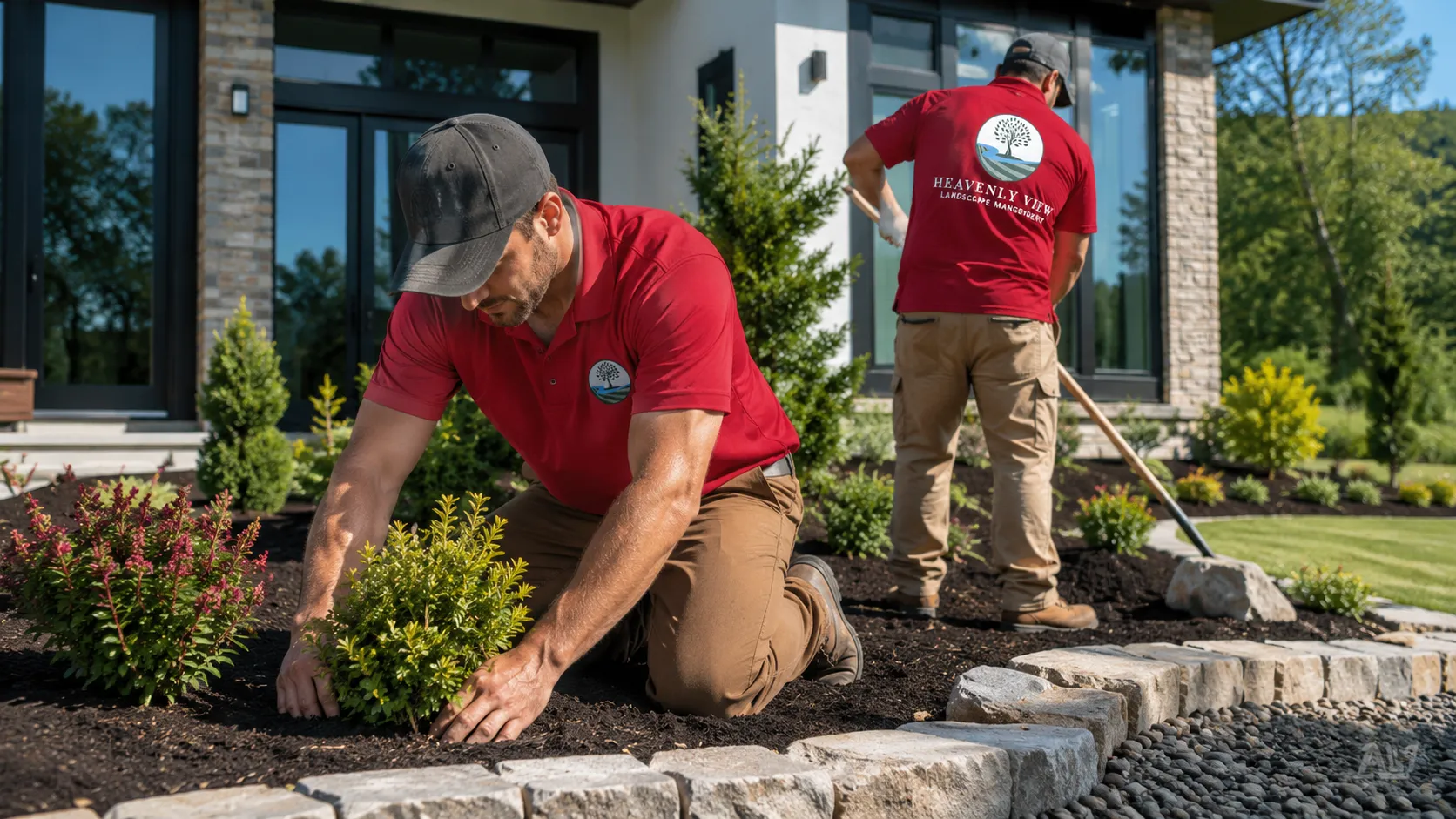 Two crew members planting and raking beds in front of a modern stone home