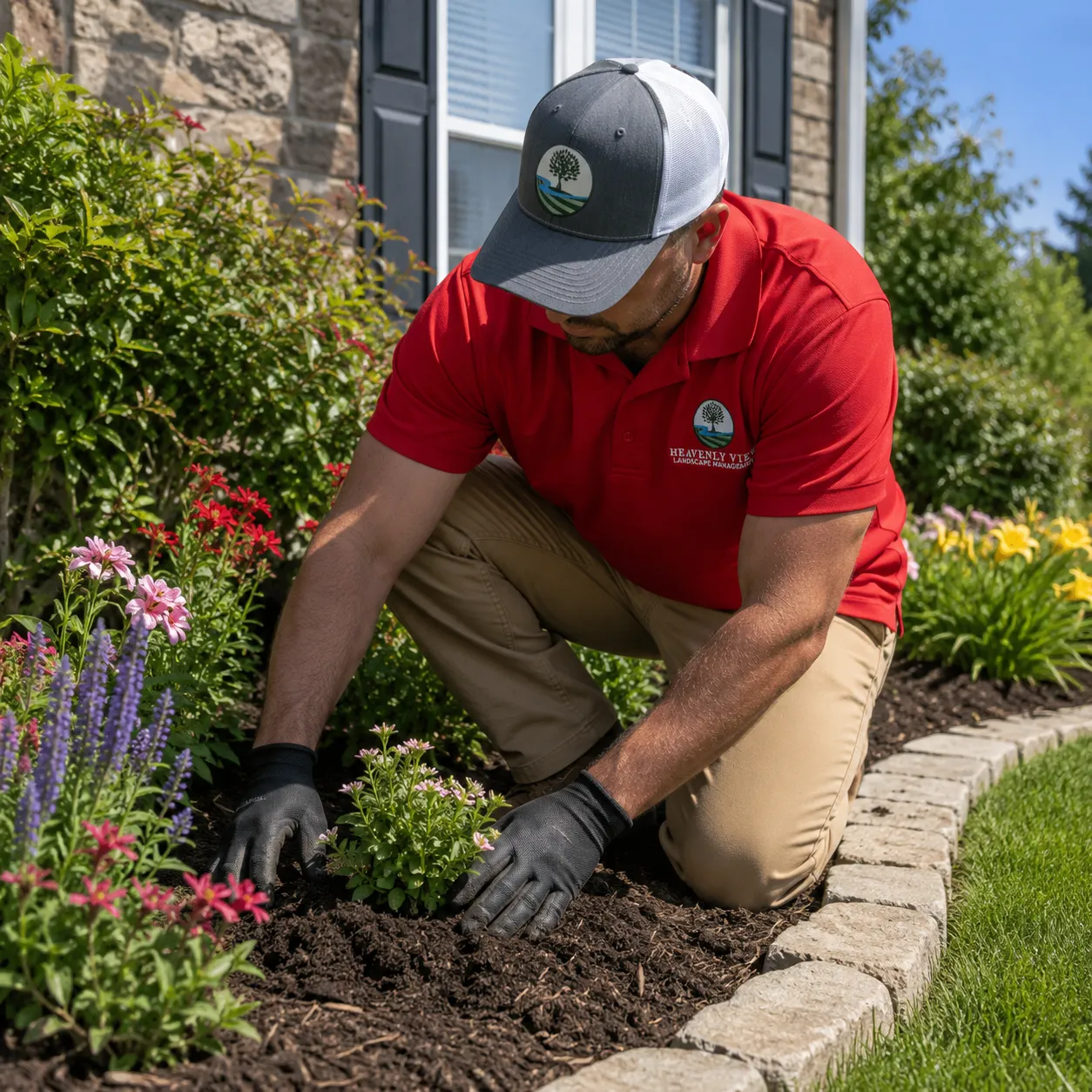 Planting perennials by hand along a stone border