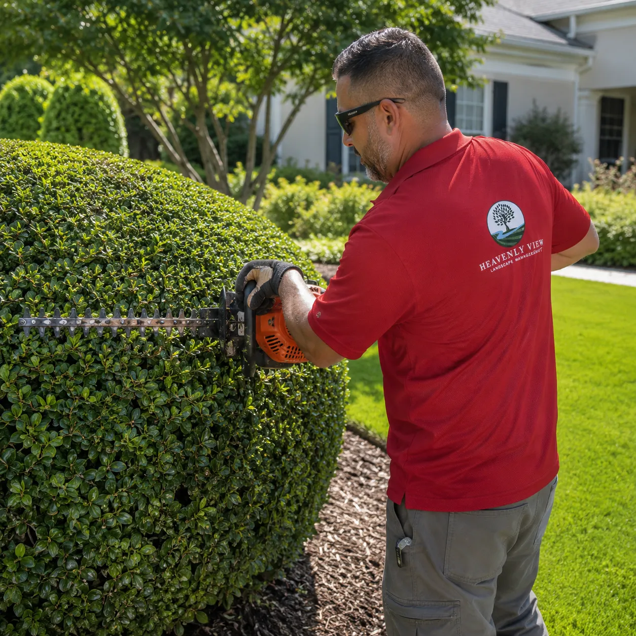 Shaping a boxwood globe with a hedge trimmer