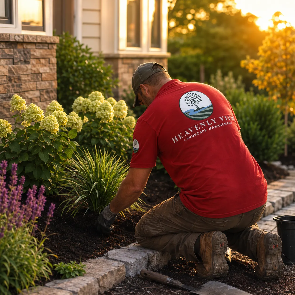 Planting a mulched bed at golden hour